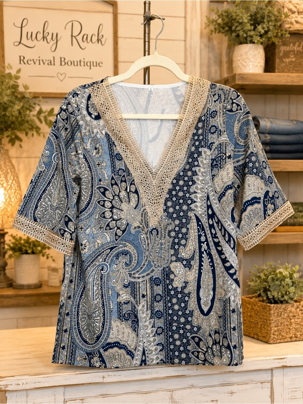 Boutique Boho Paisley Tunic Top with Crochet Lace